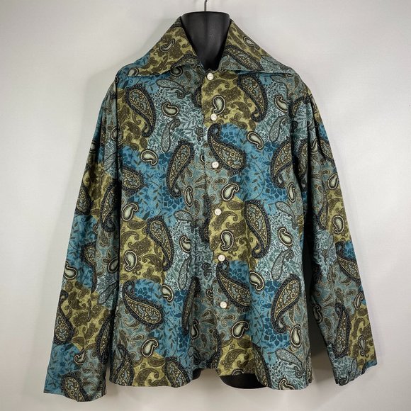 Vintage Other - Vintage 70s Blue Gray Paisley Cotton Spread Collar Hippie Shirt Size 2XL